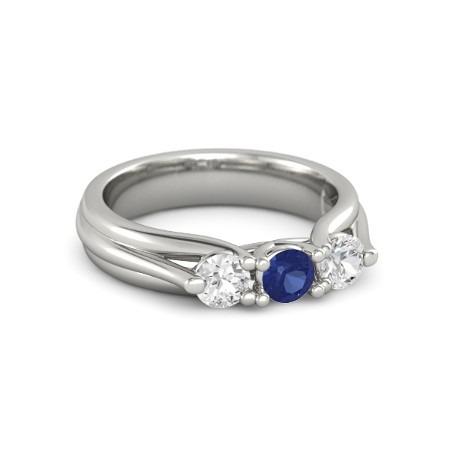 Three Stone Blue Sapphire And Diamond Ring 1 Carat White Gold 14K