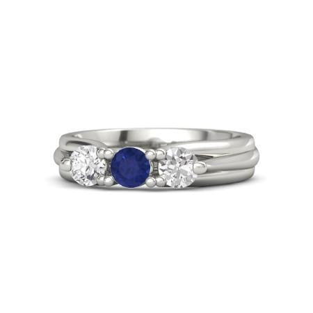 Three Stone Blue Sapphire And Diamond Ring 1 Carat White Gold 14K