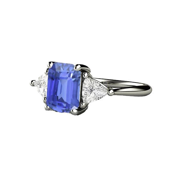 Three Stone Blue Sapphire Emerald & Trillion Diamond Ring 2.50 Carats