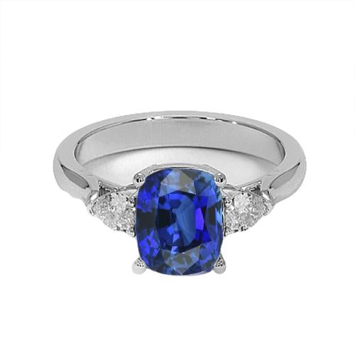 Three Stone Blue Sapphire With Pear Diamonds Ring 4.50 Carats Gold 14K