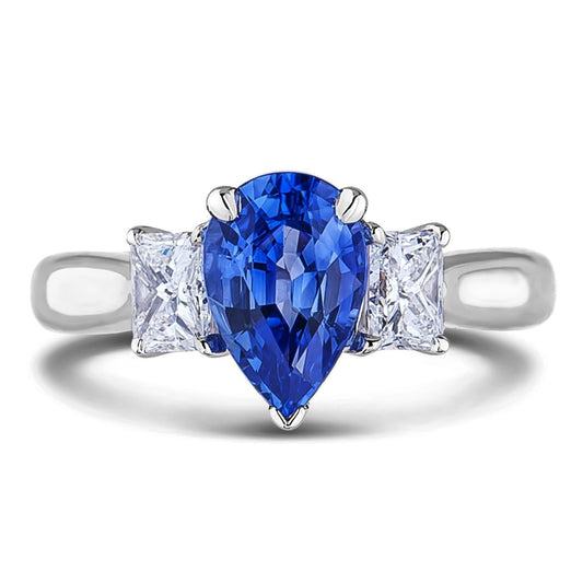 Three Stone Ceylon Sapphire With Diamonds 3.50 Ct Ring White Gold