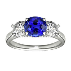 Three Stone Cushion Blue Sapphire Ring 2.50 Carats Diamond Jewelry