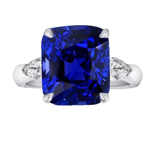 Three Stone Cushion Blue Sapphire Ring & Pear Diamonds 4 Carats