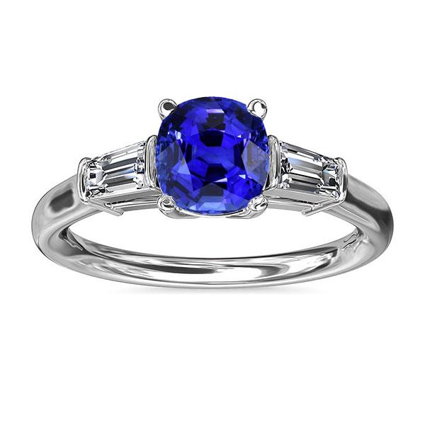 Three Stone Cushion Ceylon Sapphire Ring 2.25 Carats Baguette Diamonds