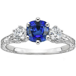 Three Stone Cushion Sapphire Ring Antique Style Diamonds 2.50 Carats