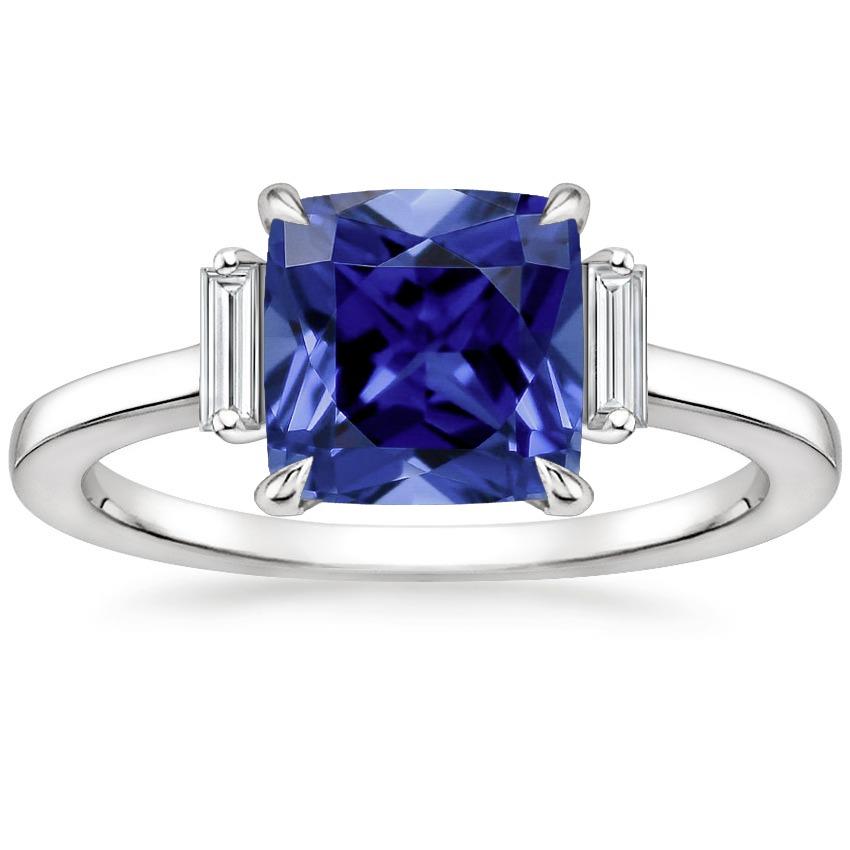 Three Stone Diamond Blue Sapphire Ring 3.25 Carats White Gold