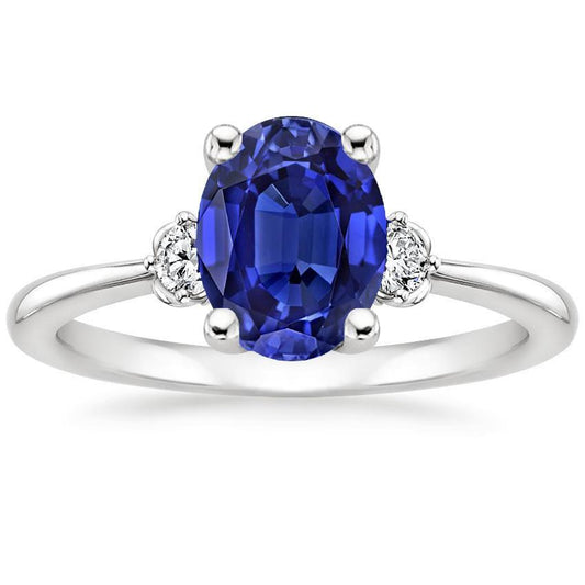 Three Stone Diamond & Oval Ceylon Sapphire Ring 3.50 Carats White Gold