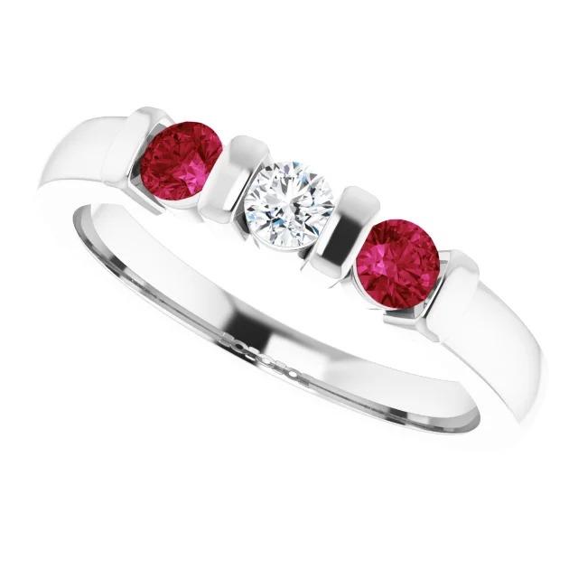 Three Stone Diamond Ruby Ring 0.90 Carats White Gold 14K