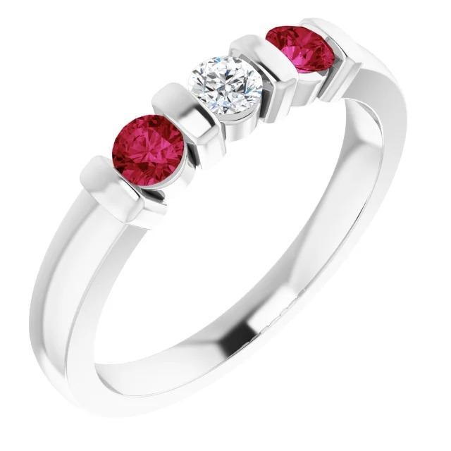 Three Stone Diamond Ruby Ring 0.90 Carats White Gold 14K