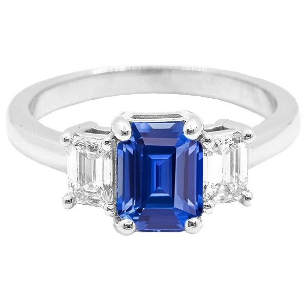 Three Stone Emerald Blue Sapphire & Diamond Ring 2.50 Carats