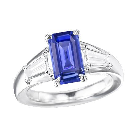Three Stone Emerald Blue Sapphire Engagement Ring 2.25 Carats Gold 14K