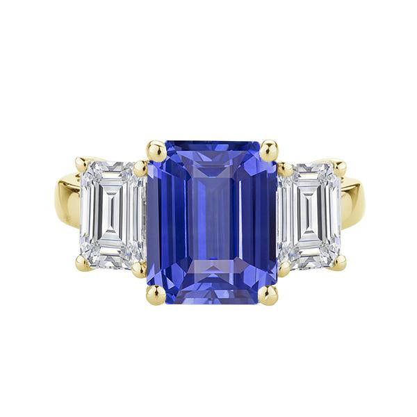 Three Stone Emerald Ceylon Sapphire Ring 14K Yellow Gold 3.50 Carats