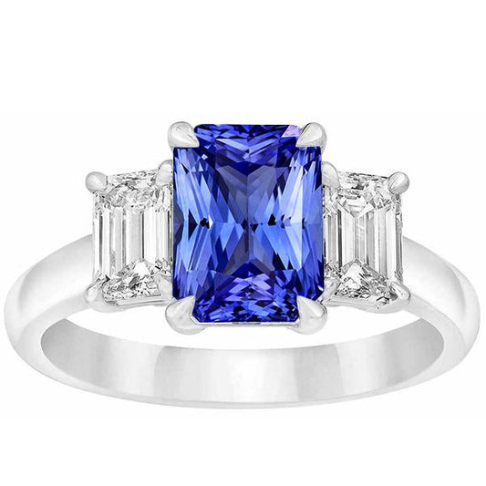 Three Stone Emerald Diamond & Ceylon Sapphire Ring 3 Carats Prong Set