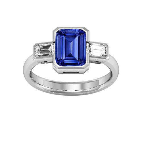 Three Stone Emerald Diamond Sapphire Ring Half Bezel Set 1.75 Carats