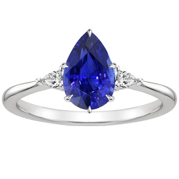 Three Stone Gemstone Ring Pear Ceylon Sapphire & Diamonds 4.25 Carats