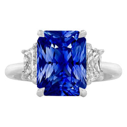 Three Stone Gemstone Sapphire Ring With Radiant Natural Earth Mined Diamonds 3.50 Carats