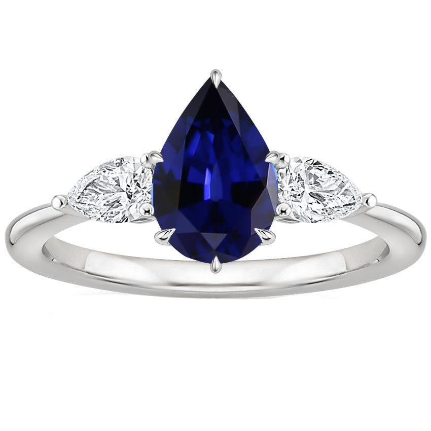 Three Stone Gold Pear Cut Ceylon Sapphire & Diamond Ring 6.75 Carats