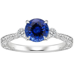 Three Stone Gold Ring Round Ceylon Sapphire & Natural Earth Mined Diamond 2.50 Carats New