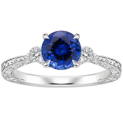 Three Stone Gold Ring Round Ceylon Sapphire & Diamond 2.50 Carats New