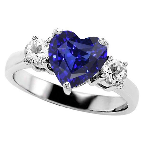 Three Stone Heart Blue Sapphire Ring & Round Diamonds 2.50 Carats