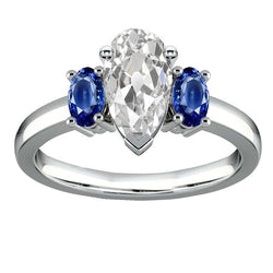 Three Stone Old Cut Pear Natural Earth Mined Diamond Oval Blue Sapphires Ring 3.50 Carats
