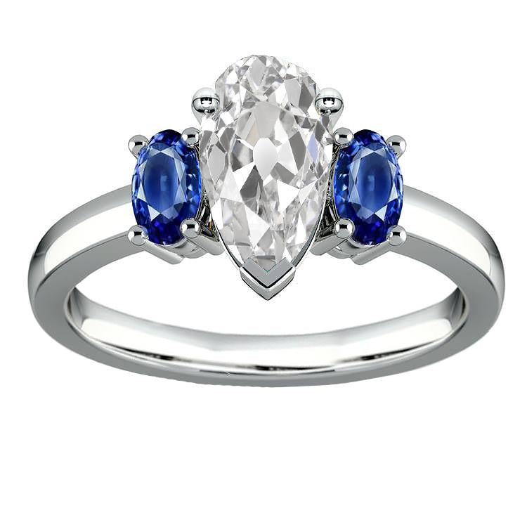 Three Stone Old Cut Pear Diamond Oval Blue Sapphires Ring 3.50 Carats