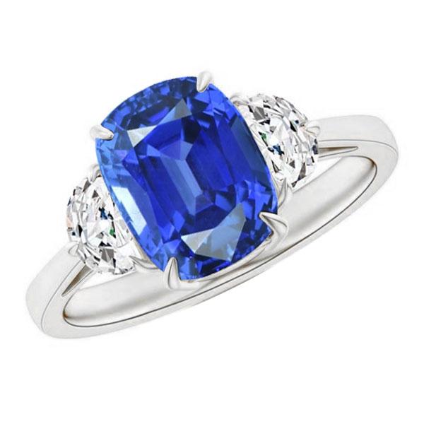 Three Stone Oval Blue Sapphire Ring 4.50 Carats Half Moon Diamonds