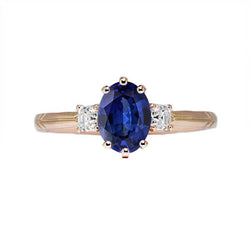 Three Stone Oval Blue Sapphire Ring & Diamonds 2.50 Carats