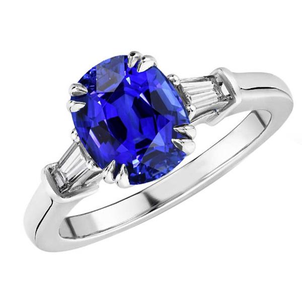 Three Stone Oval Blue Sapphire Ring With Baguette Diamond 3.25 Carats