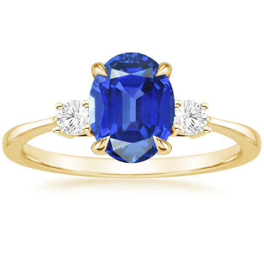 Three Stone Oval Blue Sapphire & Round Diamond Ring Gold 5.50 Carats