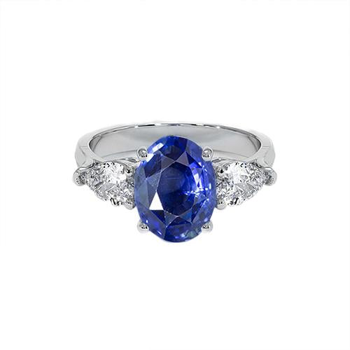 Three Stone Pear Diamond & Ceylon Oval Sapphire Ring 9.25 Carats Gold