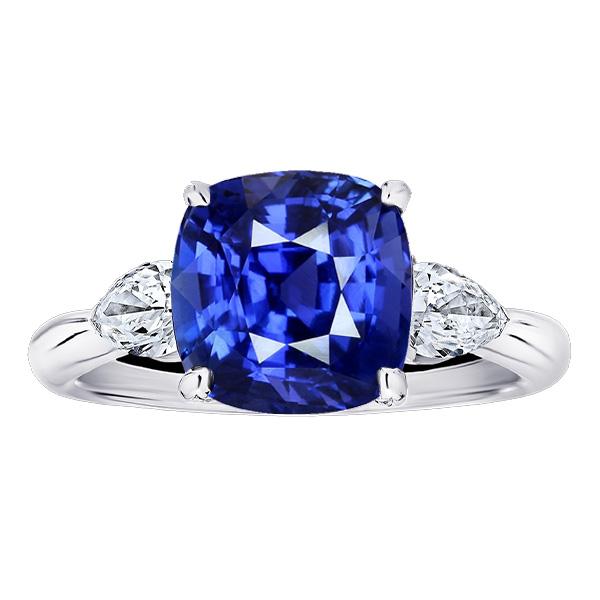 Three Stone Pear Diamond & Cushion Blue Sapphire Ring 3.50 Carats