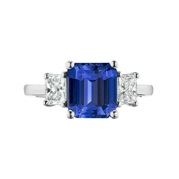 Three Stone Princess Diamond & Emerald Blue Sapphire Ring 2.50 Carats