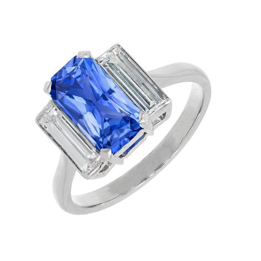 Three Stone Radiant Sapphire & Baguette Diamond Ring 3.50 Carats Gold