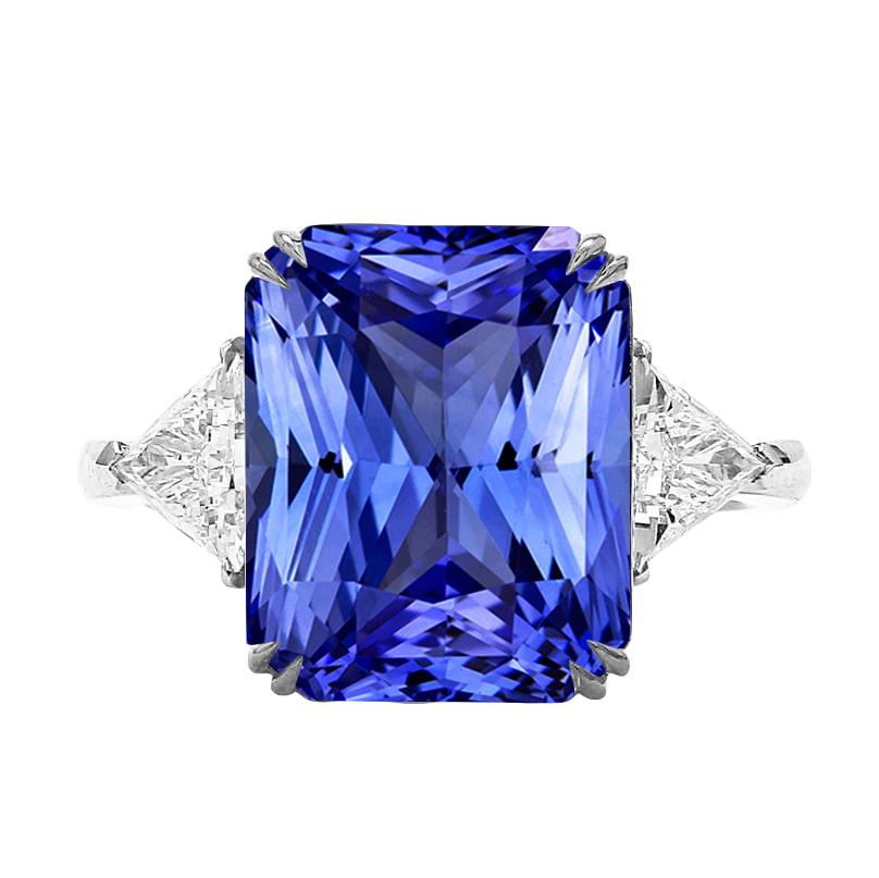 Three Stone Radiant Sapphire & Trillion Diamond Ring 5.50 Carats