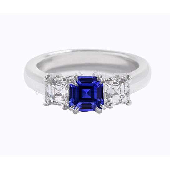 Three Stone Ring Asscher Ceylon Sapphire & Diamonds 2.50 Carats