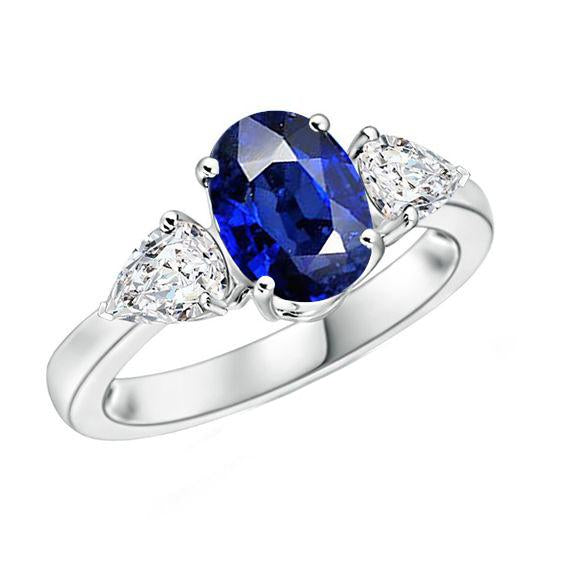 Three Stone Ring Oval Sri Lankan Sapphire & Pear Diamonds 5.50 Carats