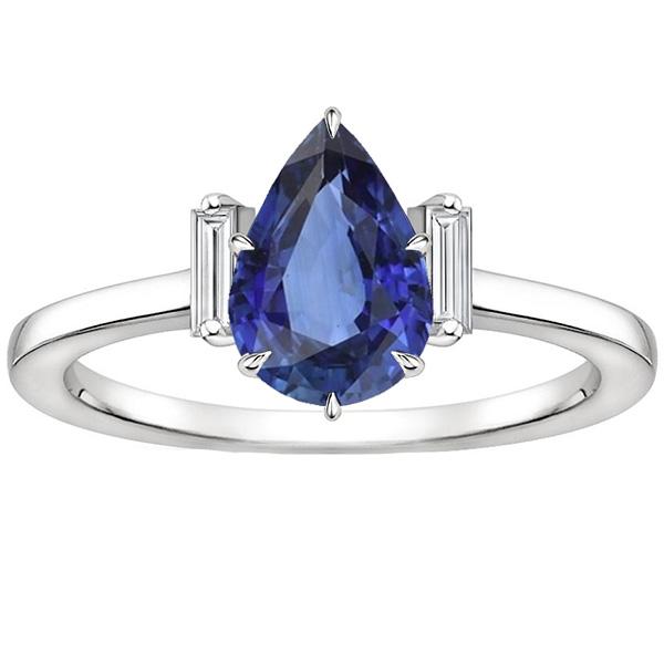 Three Stone Ring Pear Sri Lankan Sapphire & Baguette Diamonds 3 Carats