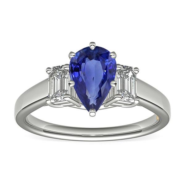 Three Stone Ring Pear SriLanka Sapphire 2 Carats & Emerald Diamonds
