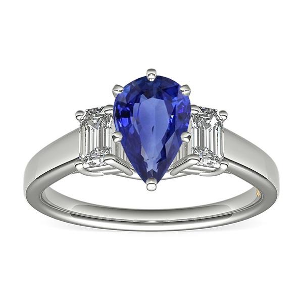 Three Stone Ring Pear SriLanka Sapphire 2 Carats & Emerald Diamonds