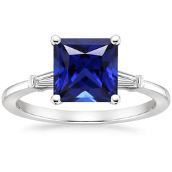 Three Stone Ring Princess Blue Sapphire & Baguette Diamonds 5.25 Carat