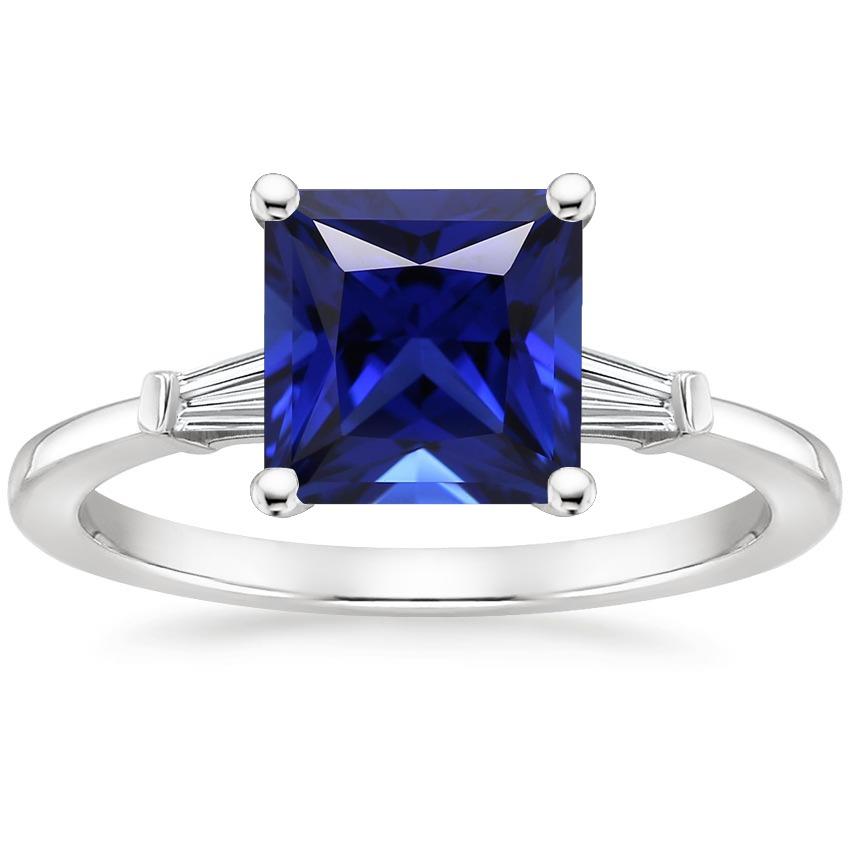 Three Stone Ring Princess Blue Sapphire & Baguette Diamonds 5.25 Carat