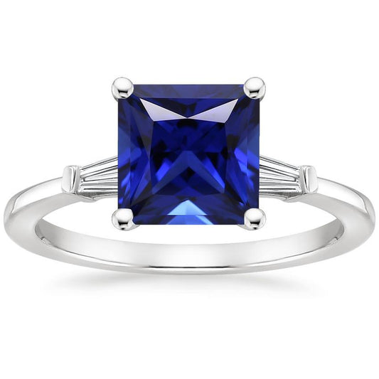 Three Stone Ring Princess Blue Sapphire & Baguette Diamonds 5.25 Carat