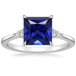 Three Stone Ring Princess Blue Sapphire & Pear Natural Earth Mined Diamonds 5.25 Carats