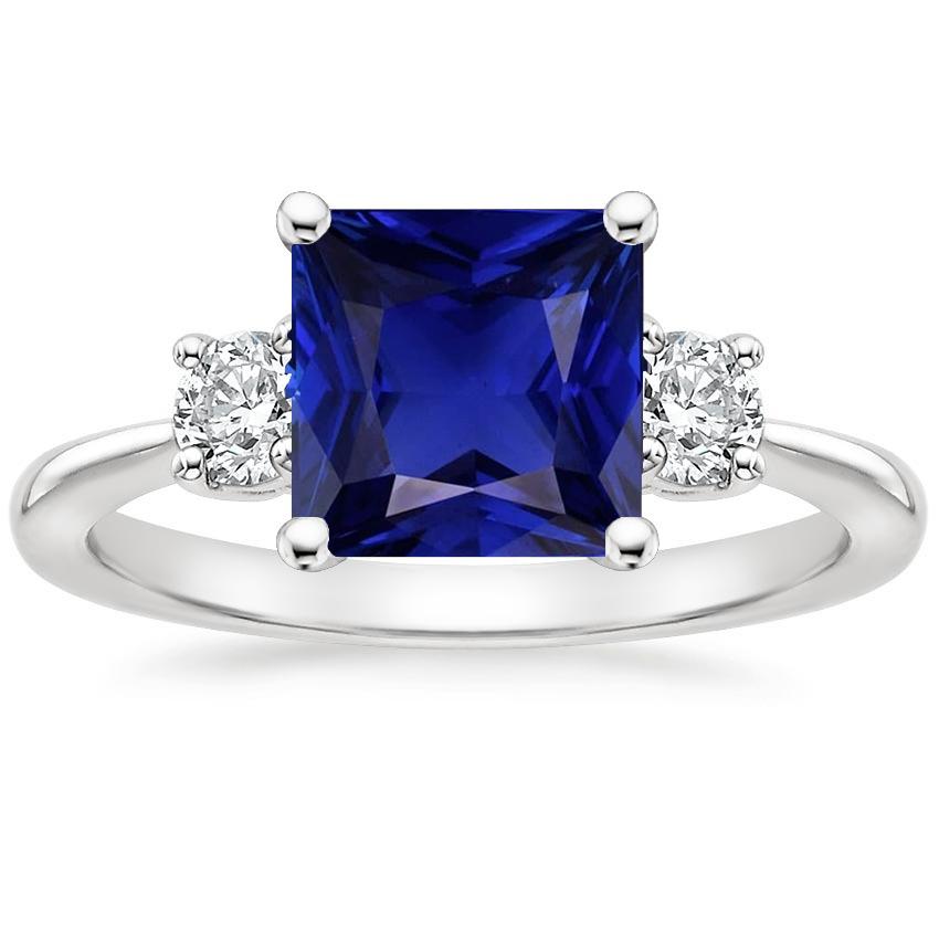 Three Stone Ring Princess Blue Sapphire & Round Diamonds 5.50 Carats
