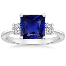 Three Stone Ring Princess Blue Sapphire & Round Diamonds 5.50 Carats