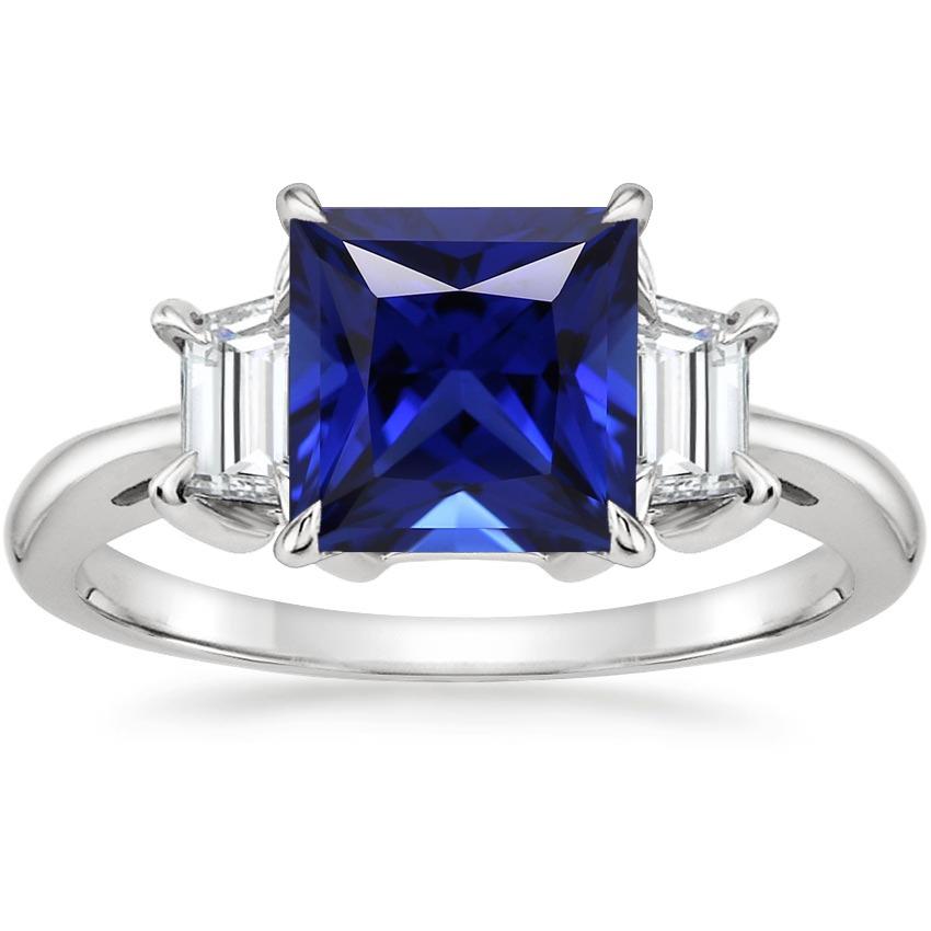 Three Stone Ring Princess Ceylon Sapphire and Diamond 5.25 Carat