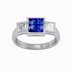 Three Stone Ring Princess Natural Earth Mined Diamond & Ceylon Sapphire Jewellery 2 Carats