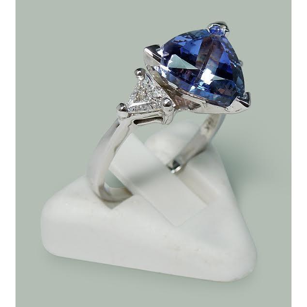 Three Stone Ring Trilliant Cut Blue Diamond Gemstone 6.5 Carats WG 14K