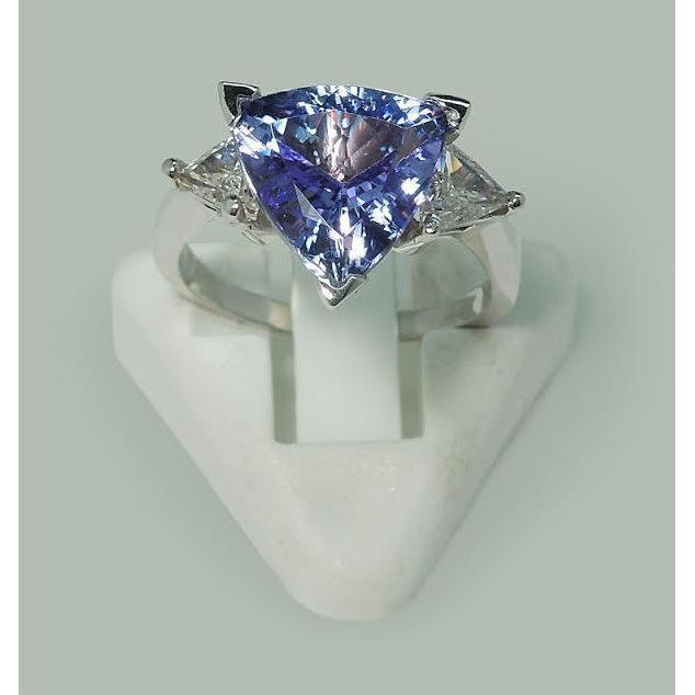 Three Stone Ring Trilliant Cut Blue Diamond Gemstone 6.5 Carats WG 14K